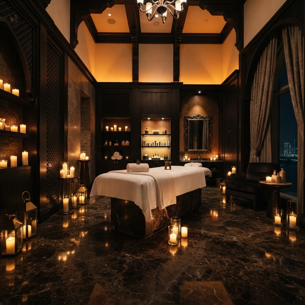 Doral Spa interior — luxury treatment room with warm amber lighting